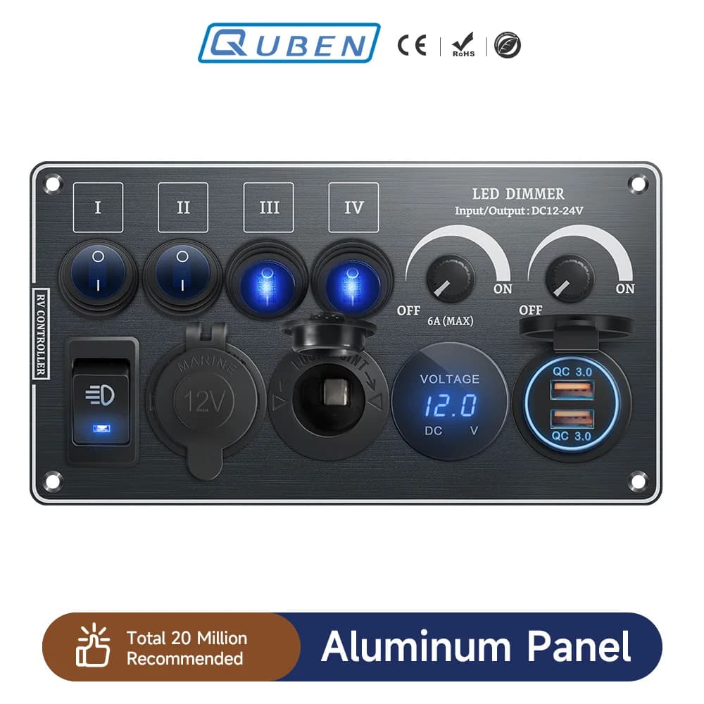 Interrupteur à bascule multifonctions, panneau en aluminium, variateur LED 12V 24V pour RV, double P