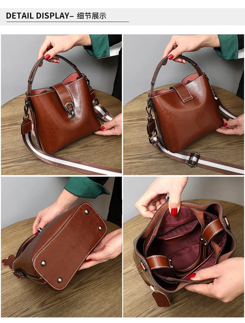 Sac seau en cuir véritable ciré d'huile pour femmes, sac à main décontracté et Simple, grande capaci