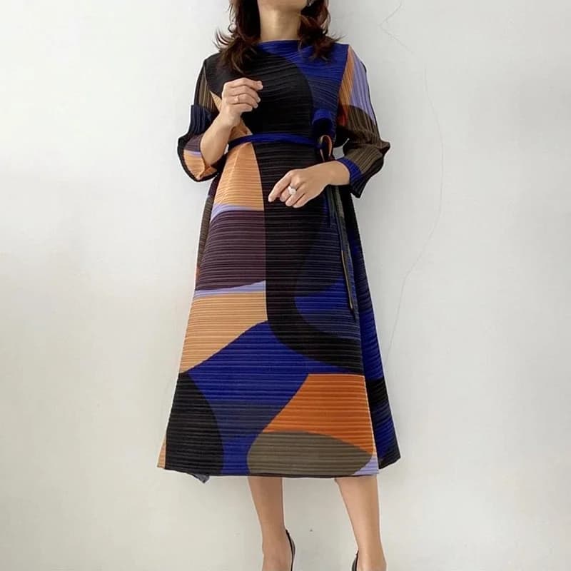 Robe plissée à motif géométrique pour femme, avec ceinture et ceinture, surdimensionnée, longue, dou