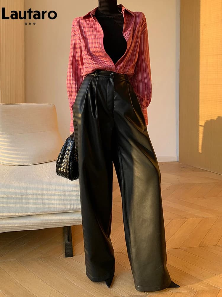 Lautaro printemps automne ample décontracté doux noir bordeaux Pu cuir pantalon à jambes larges pour