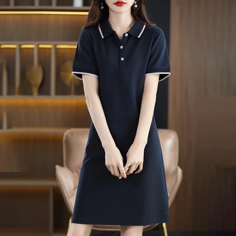 Robe longue 100% coton pour femme, col Polo, ample, grande taille, pull à manches courtes, nouvelle 