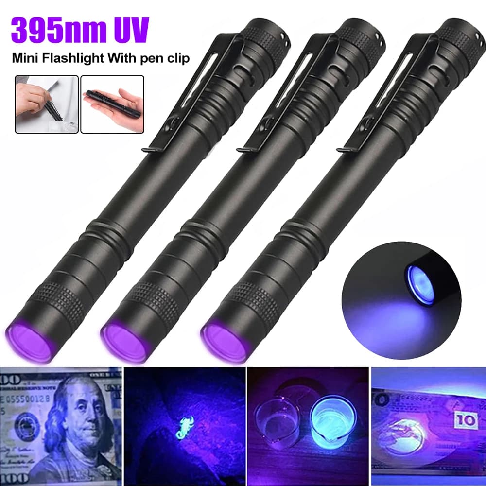 Mini lampe de poche LED UV portable, lampe noire ultraviolette, inspection d'argent, stylo avec clip