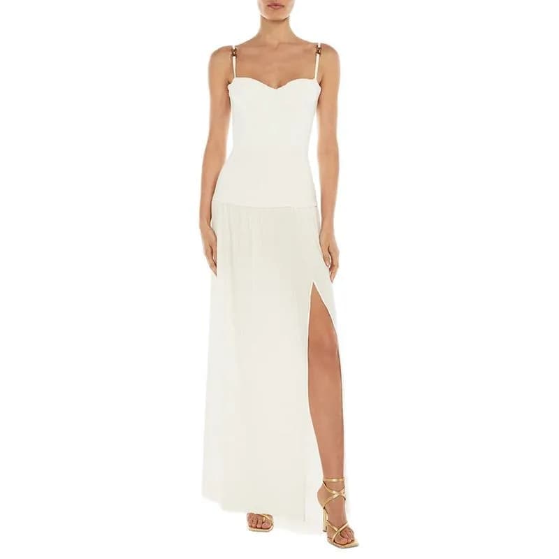 Robe longue de soirée plissée, Sexy, bretelles Spaghetti, sans manches, plis, fente haute, Slim, ten