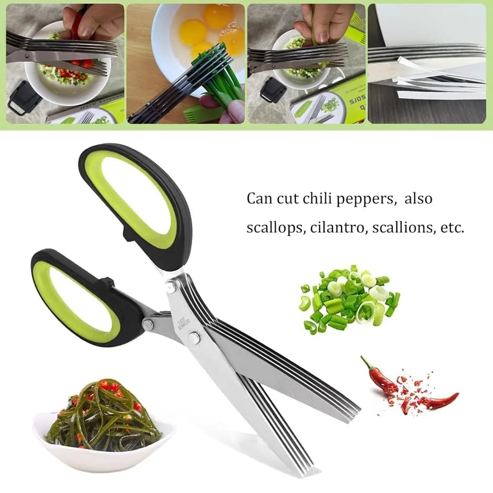 Ciseaux multicouches de cuisine, 5 lames, coupe-oignon en acier inoxydable, algues, épices, herbes, 