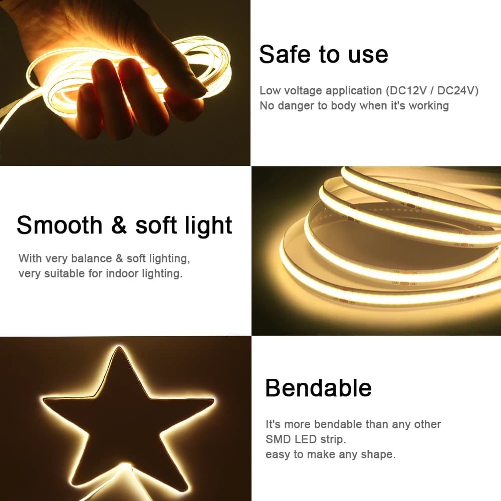 Bande lumineuse LED COB 5V 12V 24V, 320 480 384 528 LED, bande Flexible 5mm 3mm 8mm PCB blanc nature