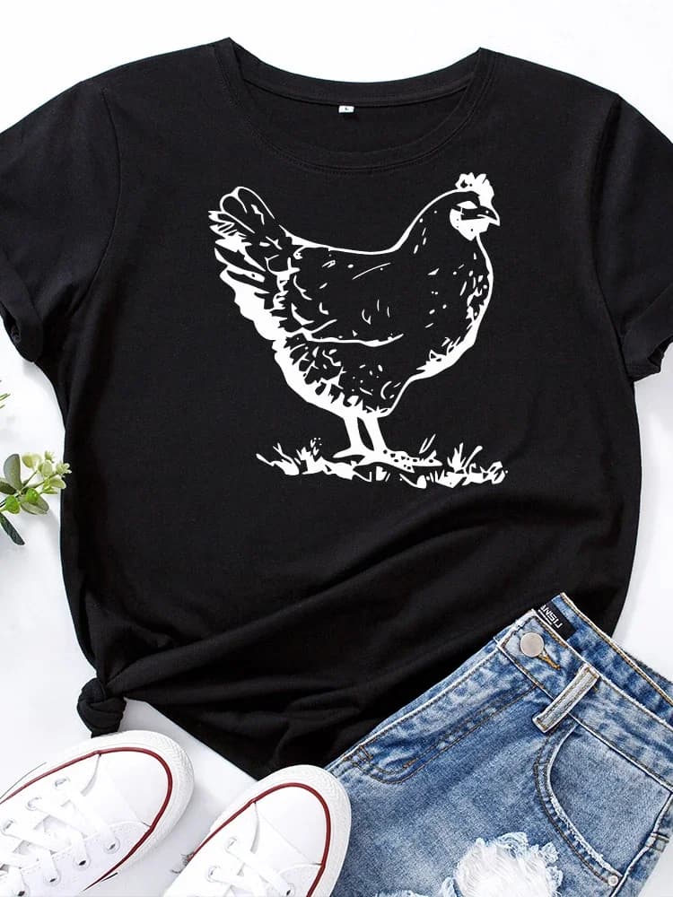 T-shirt manches courtes col rond femme, estival et jetable, avec impression poule blanche