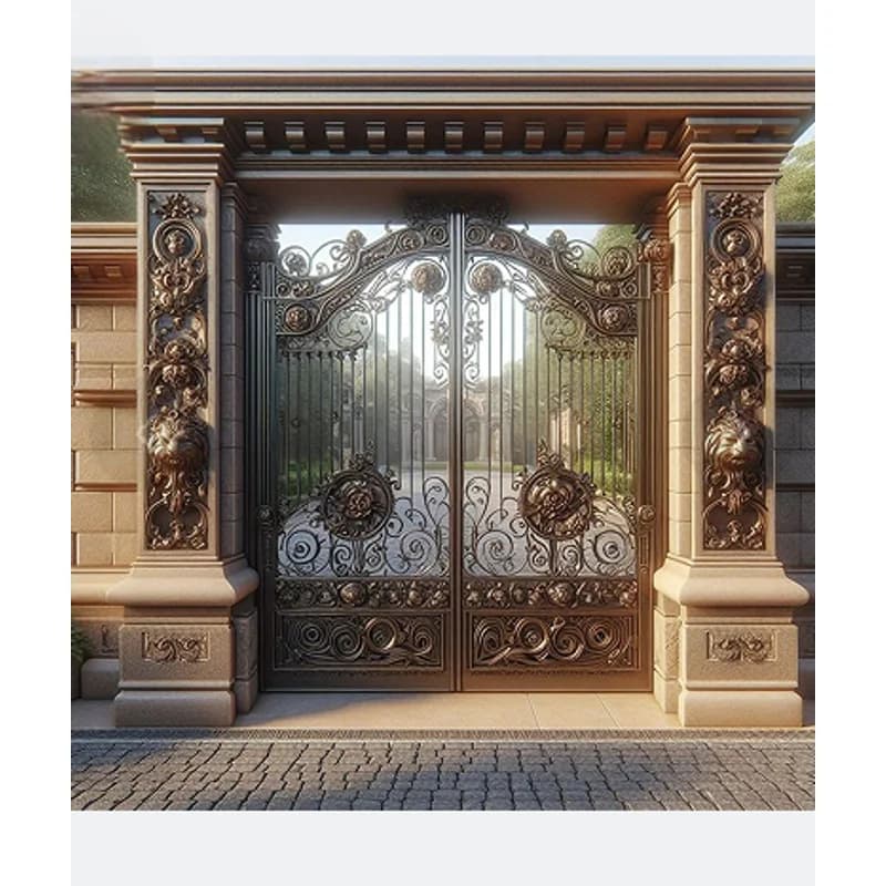 Porte de luxe en fer doré, Design de maison de château, entrée extérieure, porte électrique élégante
