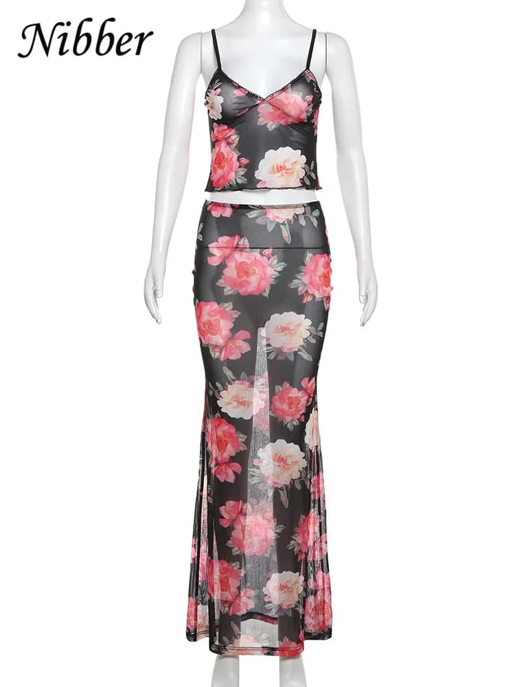 Nibber-Ensemble deux pièces en maille à imprimé floral pour femme, débardeur élégant à col en V, jup