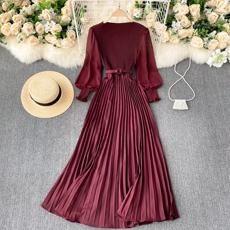 Robe longue élégante pour femmes, printemps et été, manches longues, ceinture plissée, jupe longue p
