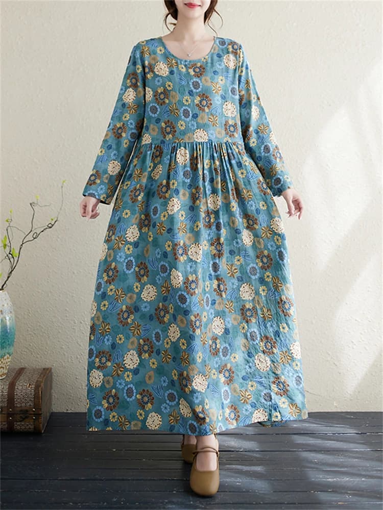 Automne coton imprimé Vintage robes pour femmes 2025 nouveau printemps décontracté longue Robe Femme