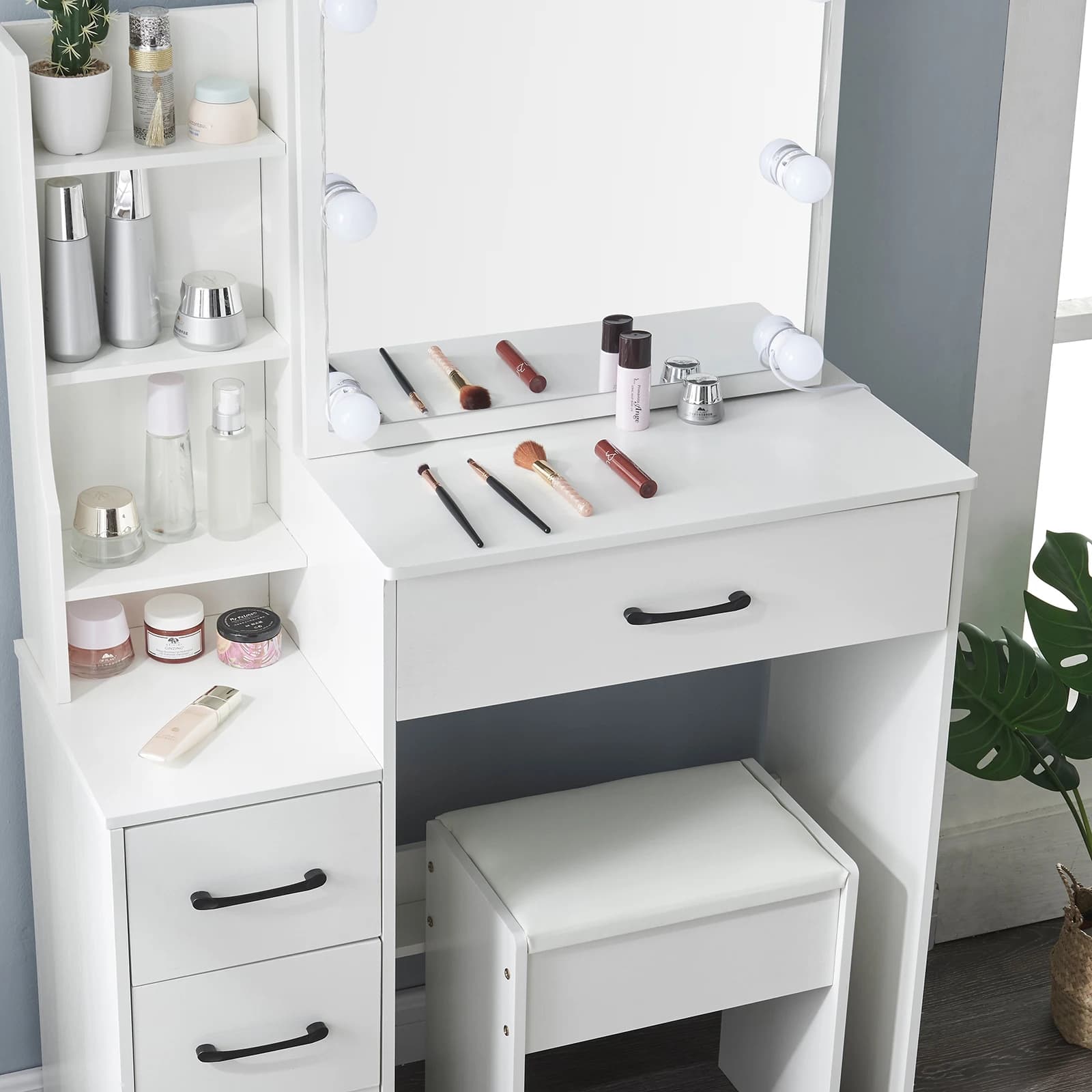 Commode avec miroir à ampoule LED, ensemble de vanité avec 4 portes de proximité, 3 motifs lumineux 