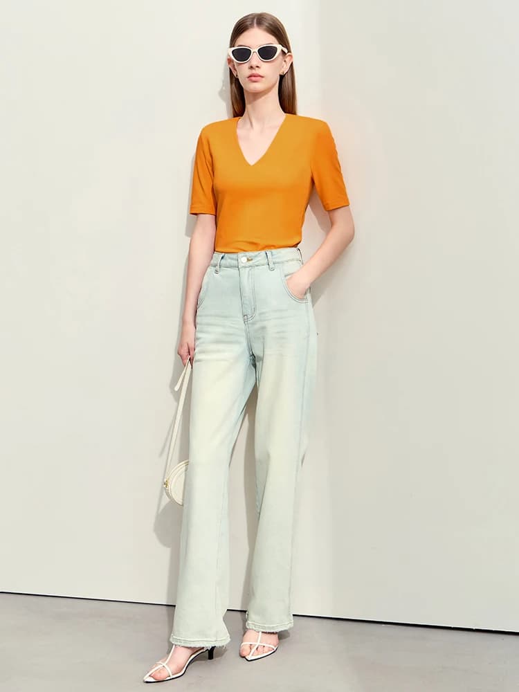 Amii minimalisme 2024 été nouveau col en v T-Shirts femmes coton tricoté demi manches T-shirt femme 