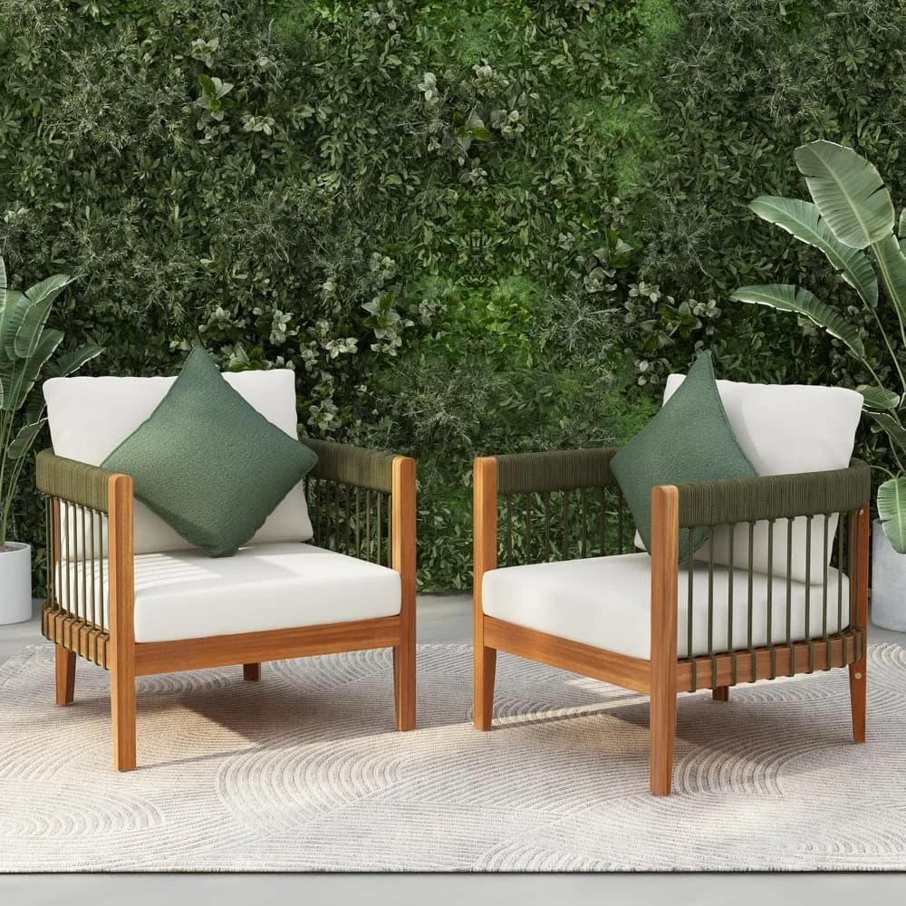 Vinny Lot de 2 chaises d'appoint d'extérieur, chaise club en bois d'acacia, fauteuil en corde tissée
