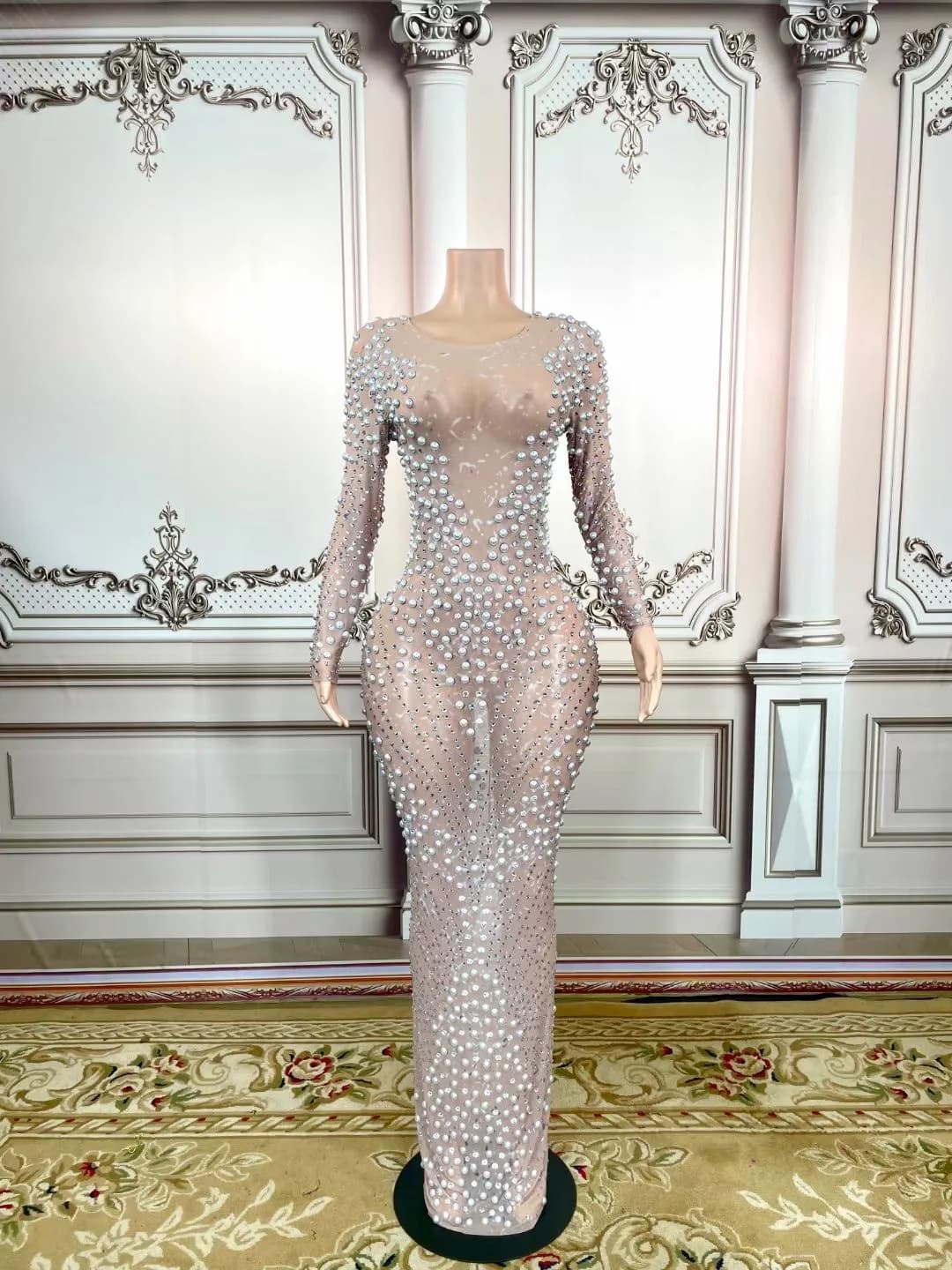 Robe longue rose Sexy pour femmes, strass scintillants, fête d'anniversaire, célébration de chanteur