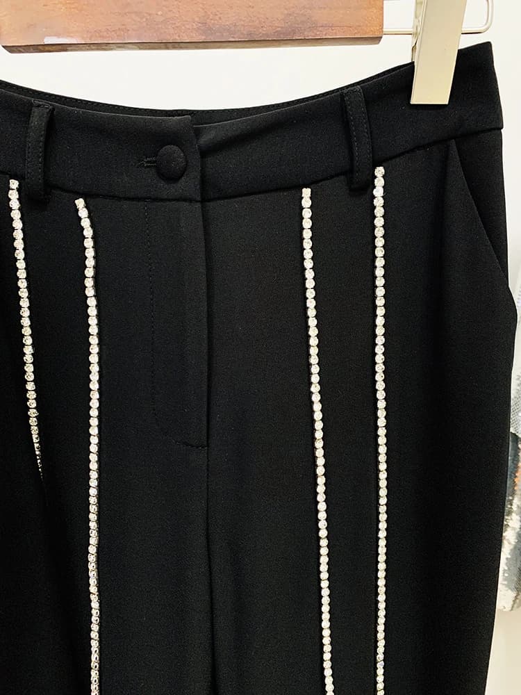 Ensemble blazer et pantalon évasé à revers perlé pour femme, bouton unique évidé, diamants, haute qu
