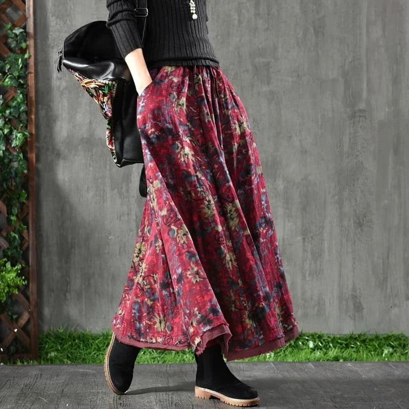 A-ligne plissée Vintage jupes pour femmes automne jupe longue florale poches élégant ample taille ha