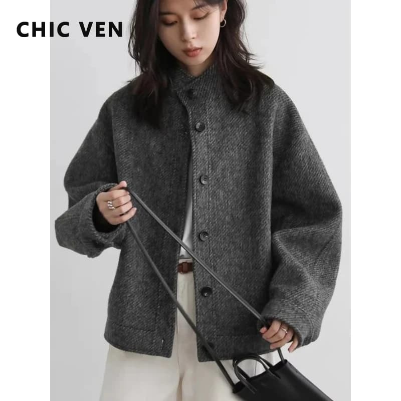 CHIC VEN Manteaux en Laine pour Femmes, Style Vintage Décontracté, Col Montant, Vestes Amples en Lai