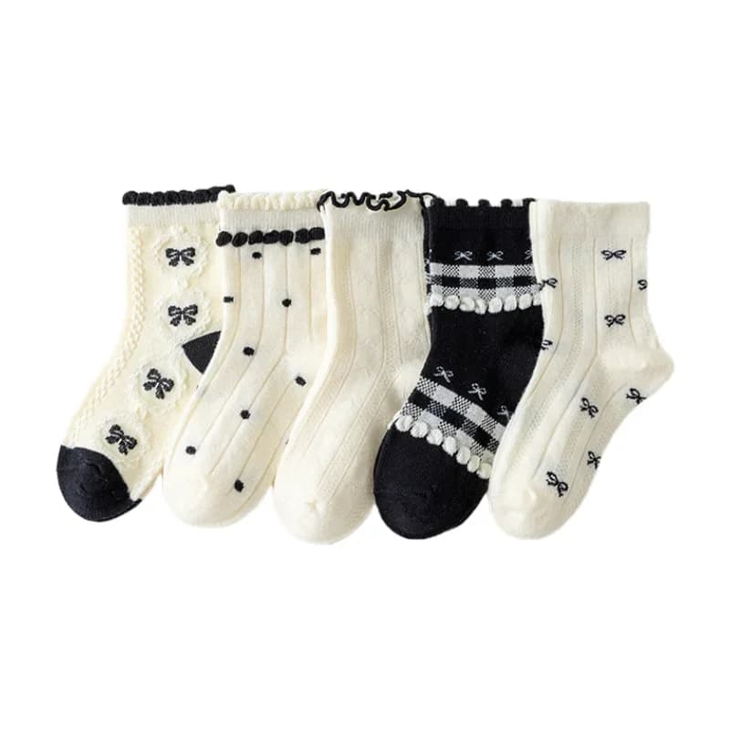 Chaussettes en coton solide pour enfants filles, 5 paires de nœuds papillon, douces, respirantes, ra