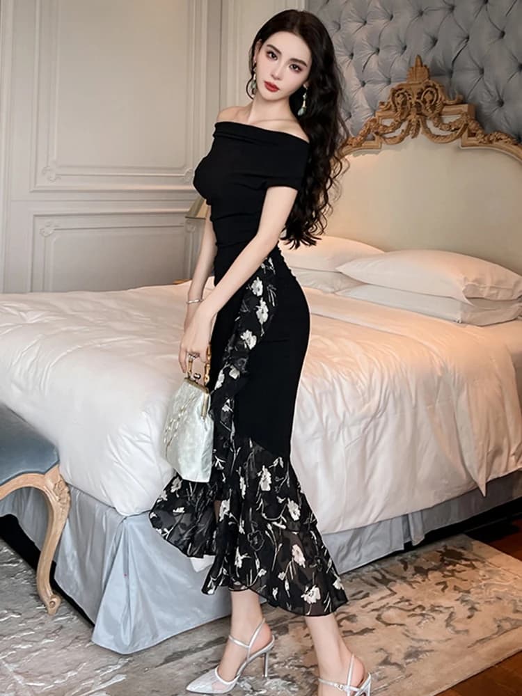 Robe de soirée élégante d'été pour femme, noire, chic, sexy, épaules dénudées, moulante, longue, pou