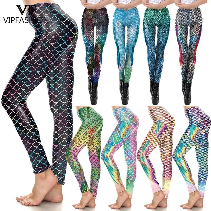 Leggings sirène colorés VIP FASHION pour femmes, taille haute, effet écailles de poisson, pantalon m