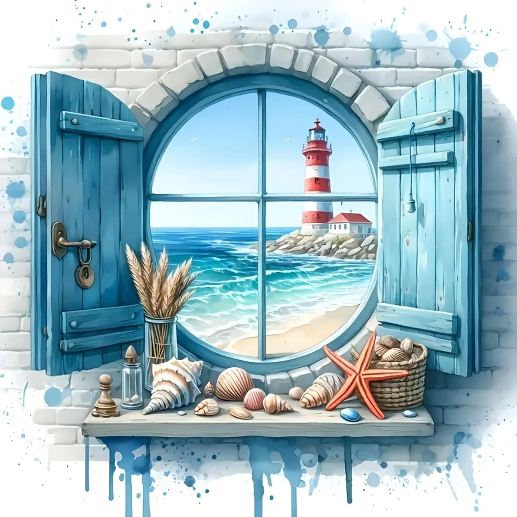 Kit de peinture diamant à faire soi-même, phare, fenêtre, motif de vue sur la mer, mosaïque artistiq