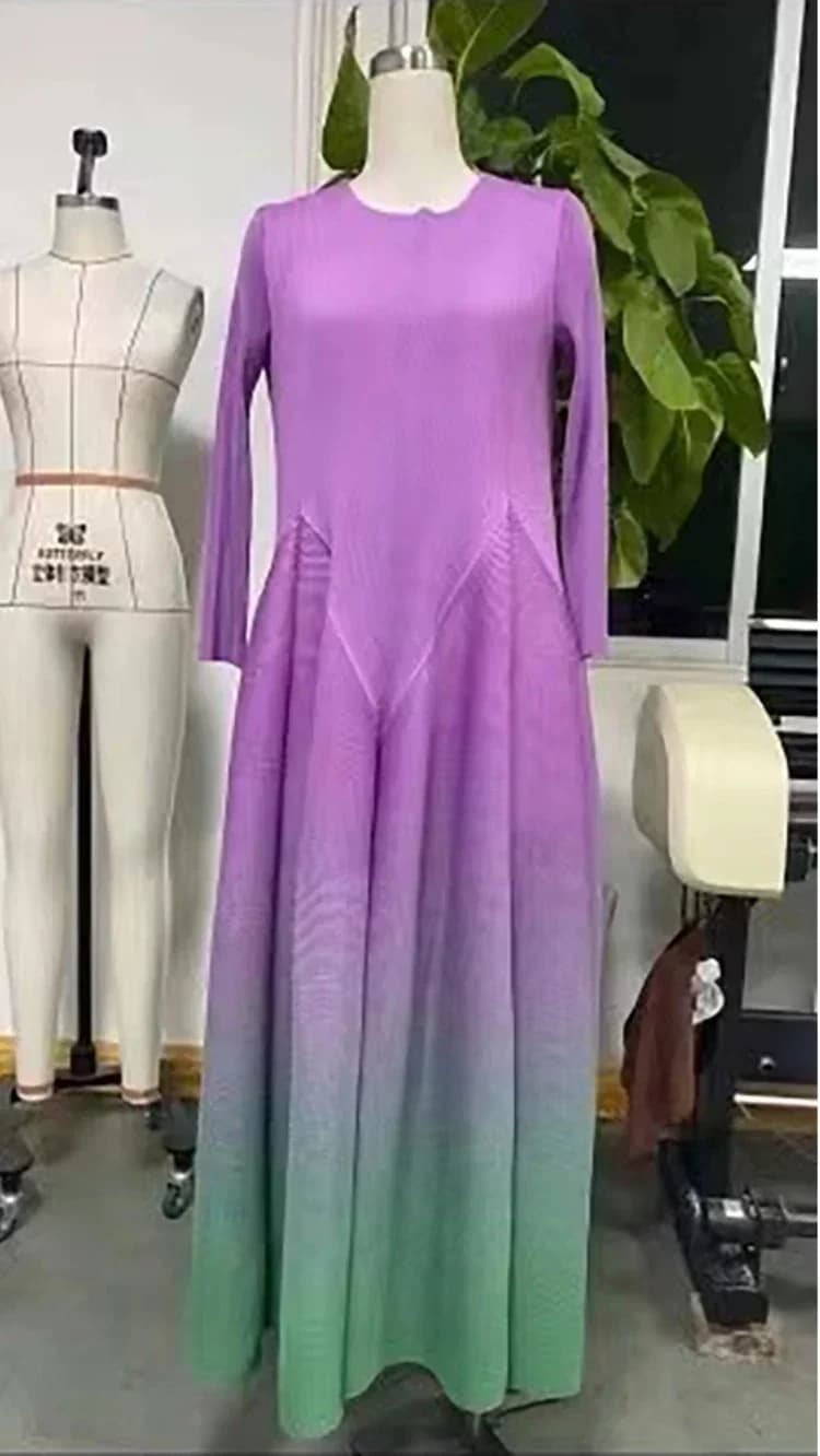 Robe Plissée à Manches sulfpour Femme, Vêtement de Soirée, Dégradé, à Col Ras du Cou, à la Mode, Nou