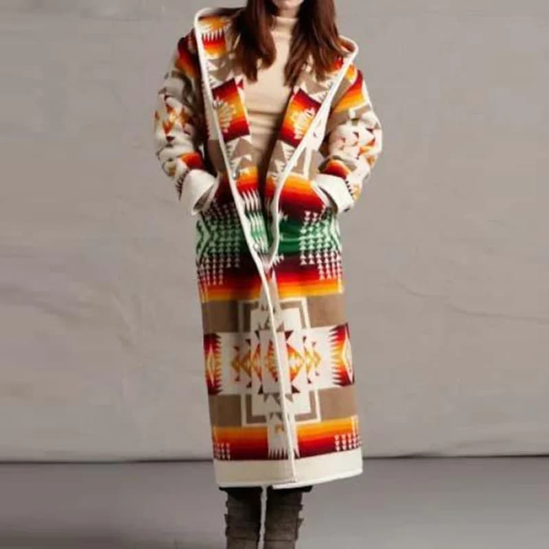 Femmes Mode Ethnique Style Boho Imprimé À Capuche Long Manteau adt Outwear Match Couleurs Plus La Ta