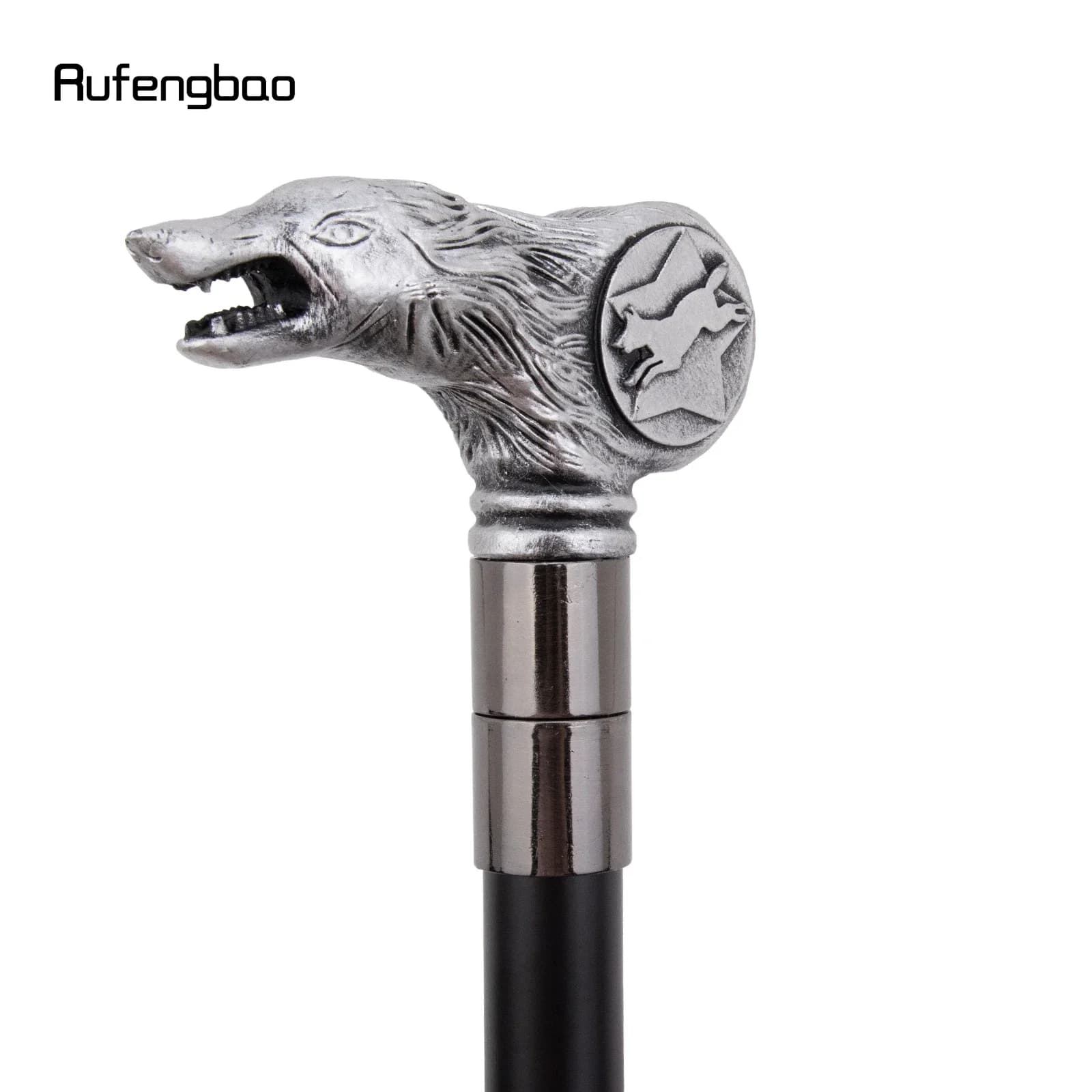 Canne de marche tête de loup en résine argentée, bâton décoratif en acier à la mode pour homme, bout