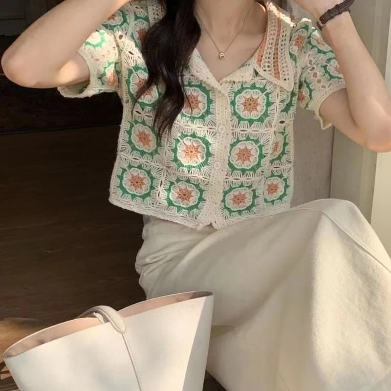 H9ED – Cardigan à manches courtes pour haut court en tricot, boutonné, coloré