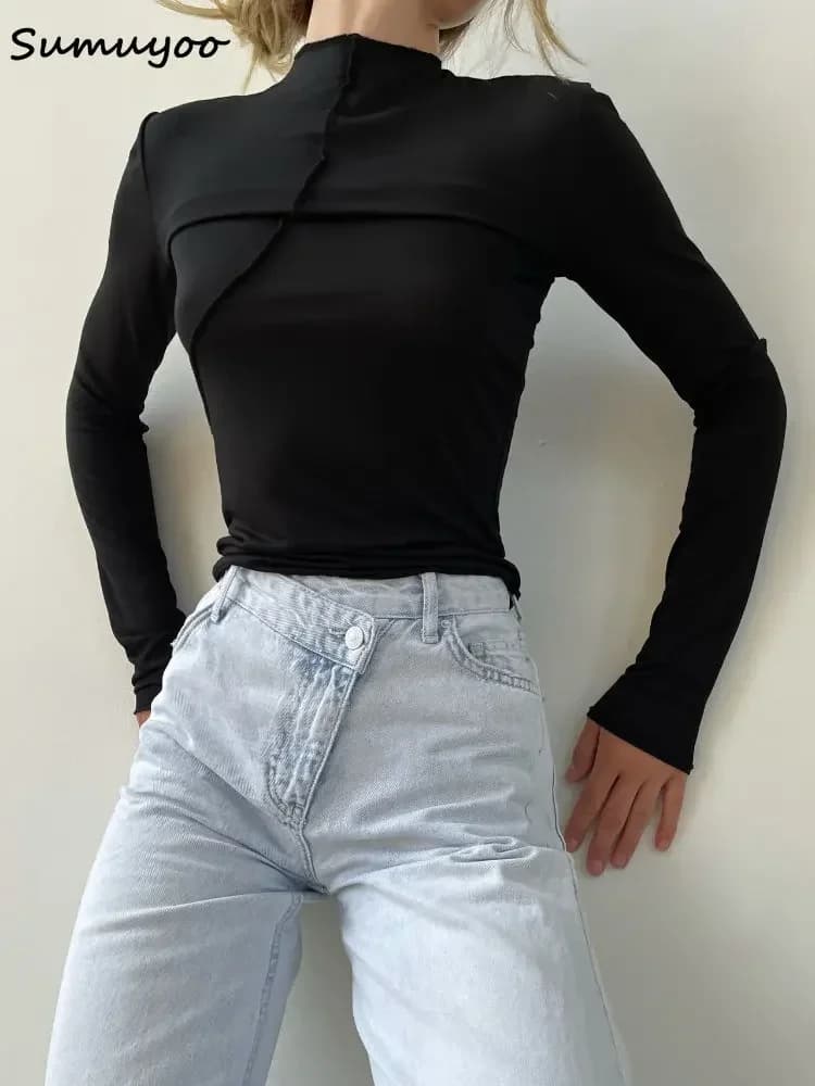 Summkoo-T-shirt Slim Fit à manches longues pour femmes, Économie Streetwear basiques, Demi-col roulé