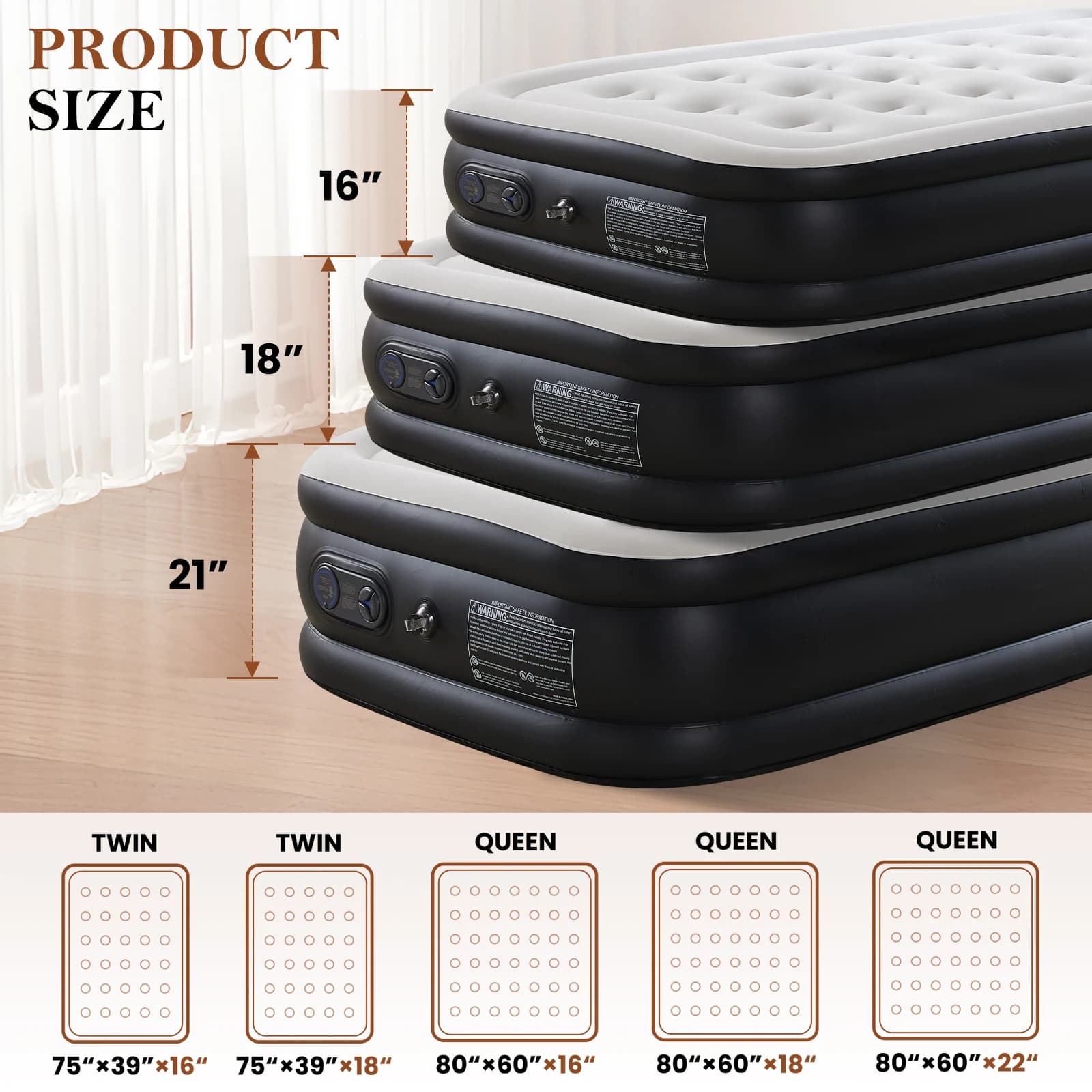JHK Queen – matelas pneumatique double taille, double hauteur, antidérapant, capacité de poids infér