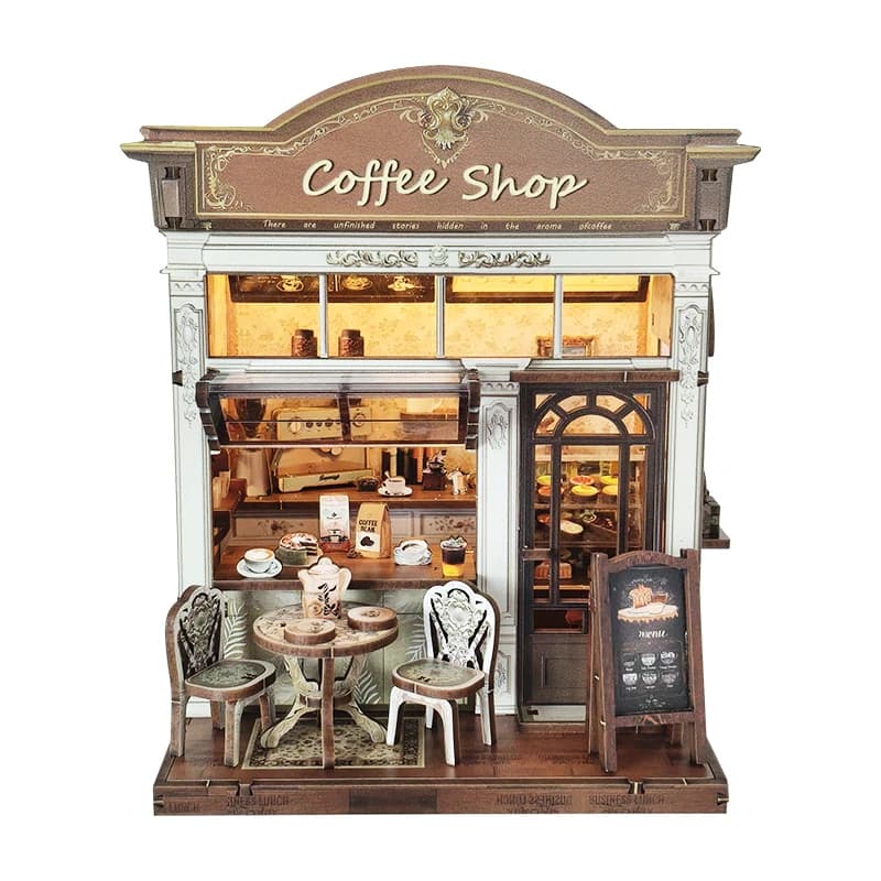 Nouveau bricolage en bois café Cottage Figurines Miniatures serre-livres maisons faites à la main Ca