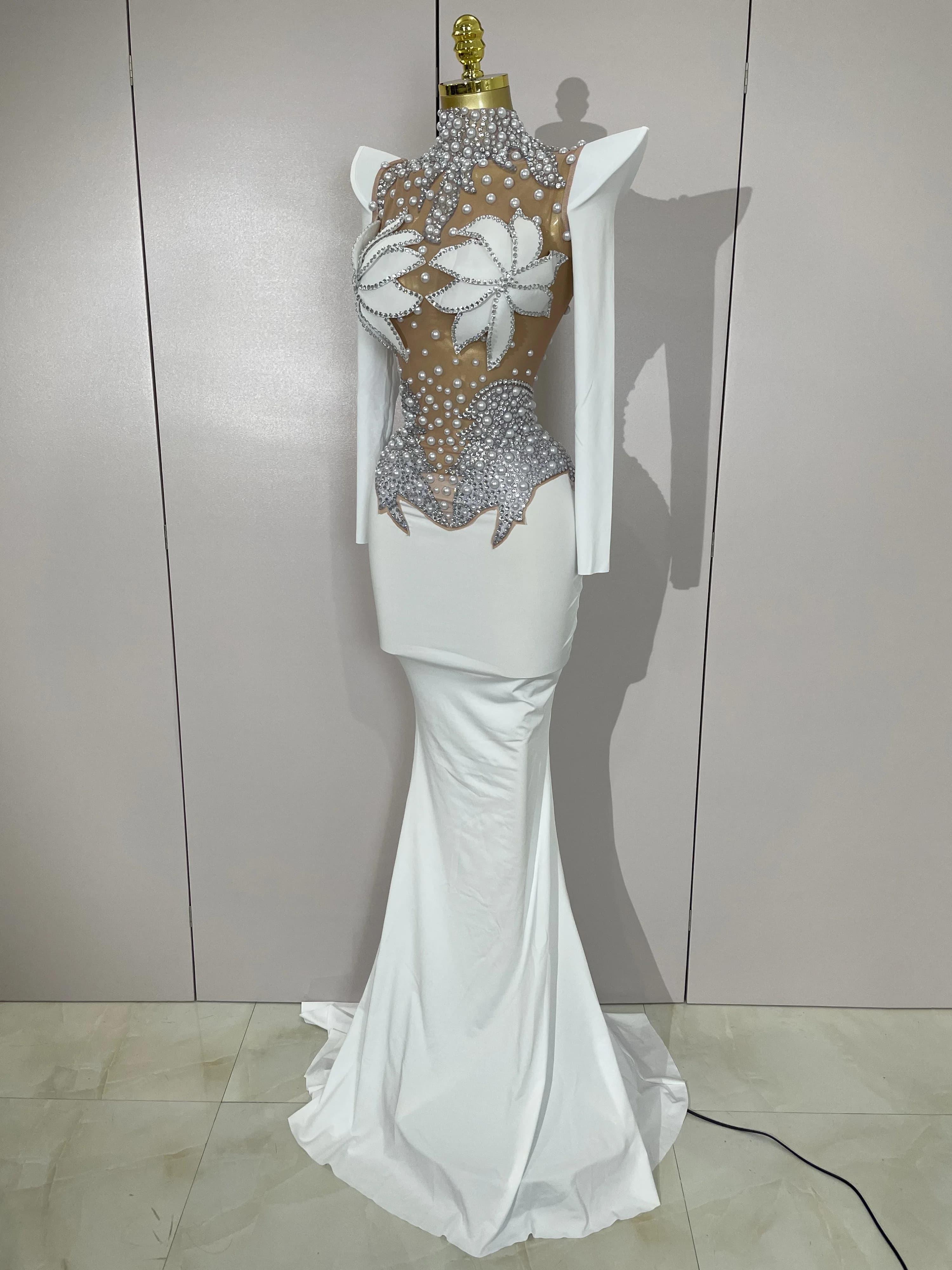 Robe longue de luxe en maille transparente pour femmes, diamants scintillants, blanc perle, robe de 