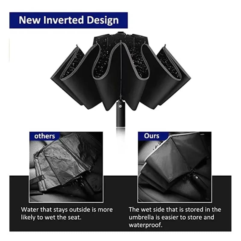 Parapluie pliant inversé entièrement automatique pour hommes et femmes, avec bande réfléchissante co