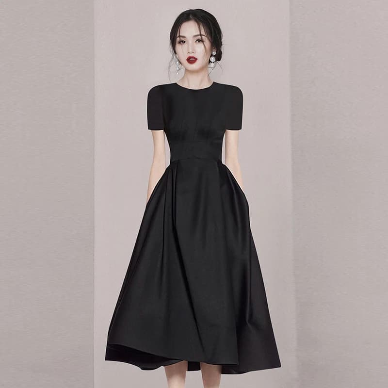 Robe de Rhnoire élégante pour femmes, col rond, manches courtes, taille fine, bureau pour dames, rob