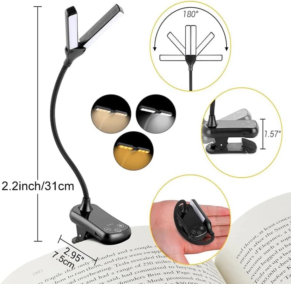 Lampe de livre, lampe de lecture à commande tactile à 14 LED avec 3 couleurs et 8 luminosité, lampe 