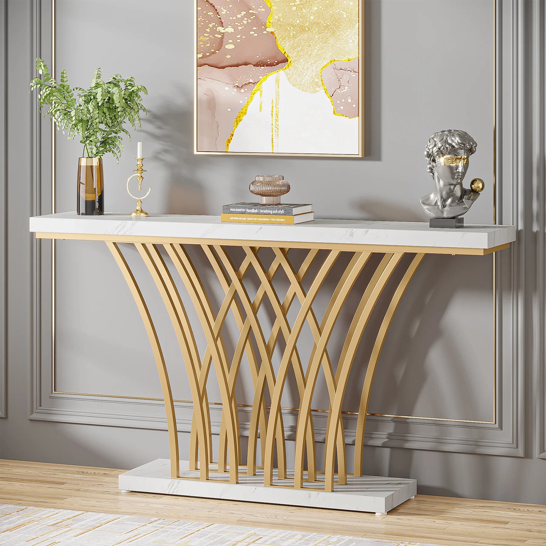 Tribesigns-Table console dorée 59 pouces, table d'entrée moderne avec base métallique en forme de gr