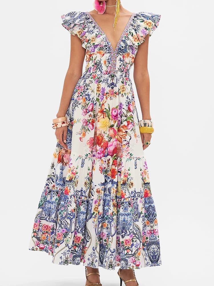 Robe rétro sexy à col en V profond pour femmes, manches Feifei imprimées, jupe haute, nouvelle robe 