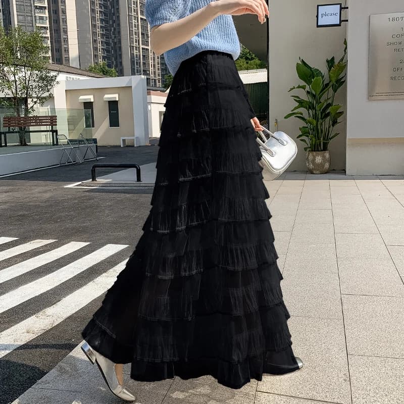Jupe longue en maille pour filles, robe de Rh, taille haute élastique, ligne A, bas doux, printemps,