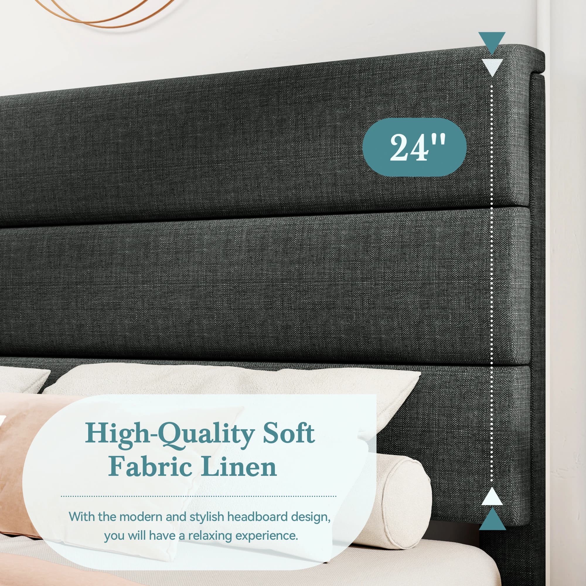 HOOMIC Cadre de lit avec tête de lit, lit plateforme en tissu, lattes en bois solides, panneau de su