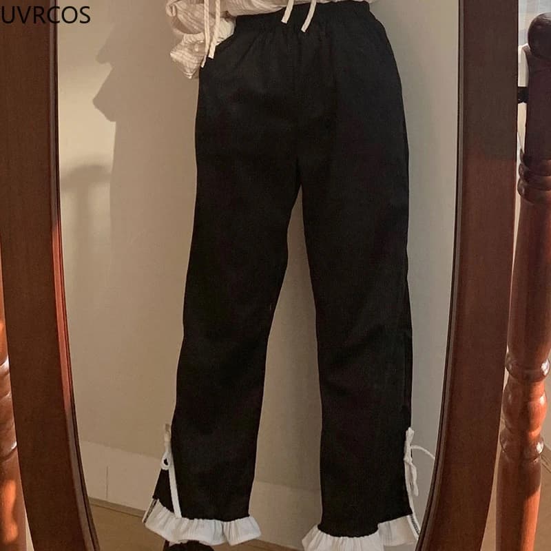 Pantalon en velours côtelé à nœud rose pour femme, style Sweet Lolita, volants Kawaii, bandage latér