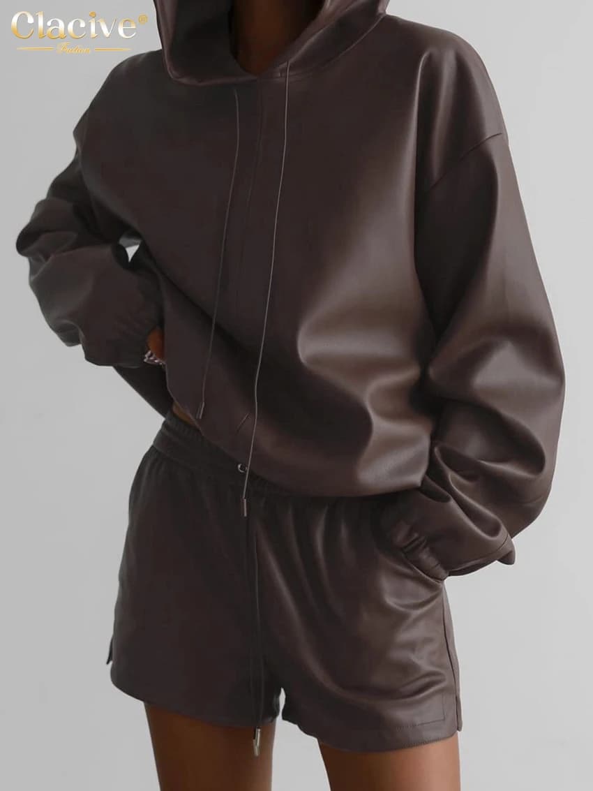 ClacMarkets-Ensemble 2 pièces en cuir PU marron pour femme, haut à capuche élégant, manches longues,