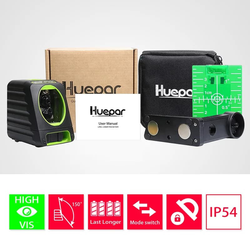 Huepar Niveau Laser Auto-Nivellement Ligne Croisée Vertical & Horizontal Laser Faisceau Vert 150 Deg