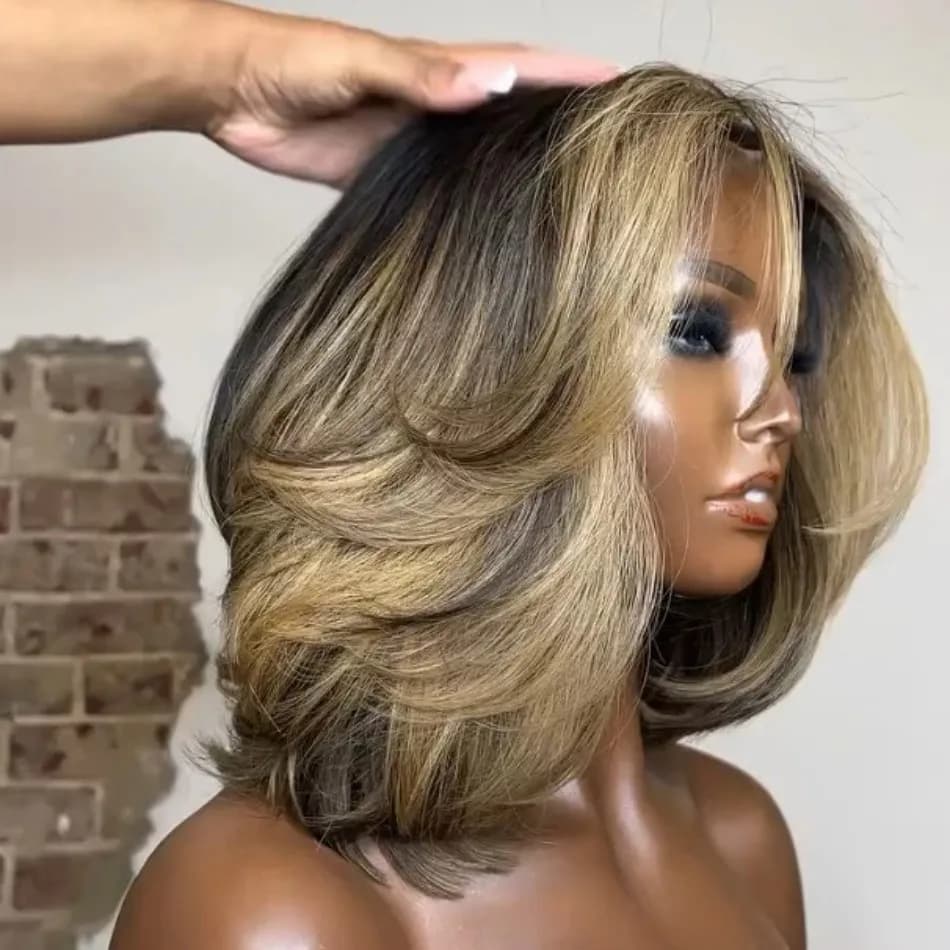 Perruque courte bob en cheveux humains avec closure en dentelle 5x5, coupe dégradée, mèches blondes,
