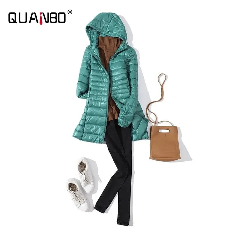 Doudoune Longue Chaude et Légère pour Femme, Manteau à Capuche, avec Sac de Rangement Portable, Long