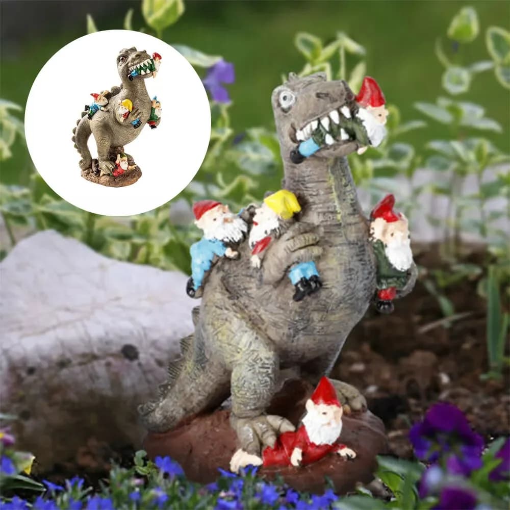 Statue de dinosaure mangeant un gnome drôle, art de la cour, artisanat en résine, décor de jardin à 