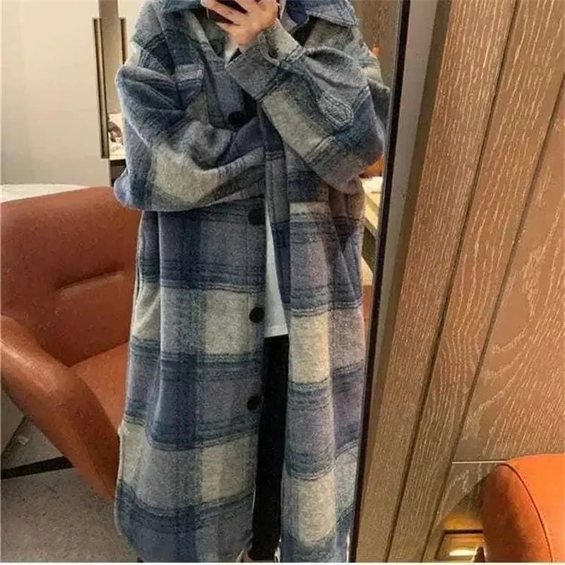 Chemise mi-longue fine au-dessus du genou, manteau à carreaux bleu, version coréenne, tempérament tr