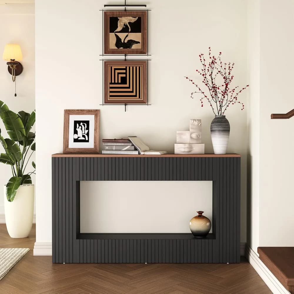 Table console noire pour entrée, table de canapé de ferme longue et étroite de 55 pouces avec rangem