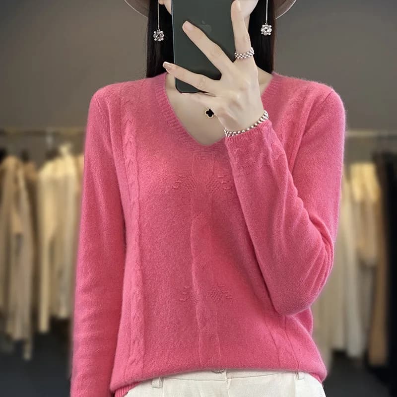 Pull jacquard torsadé à col en V pour femmes, pull en pure laine, tricots décontractés pour femmes, 