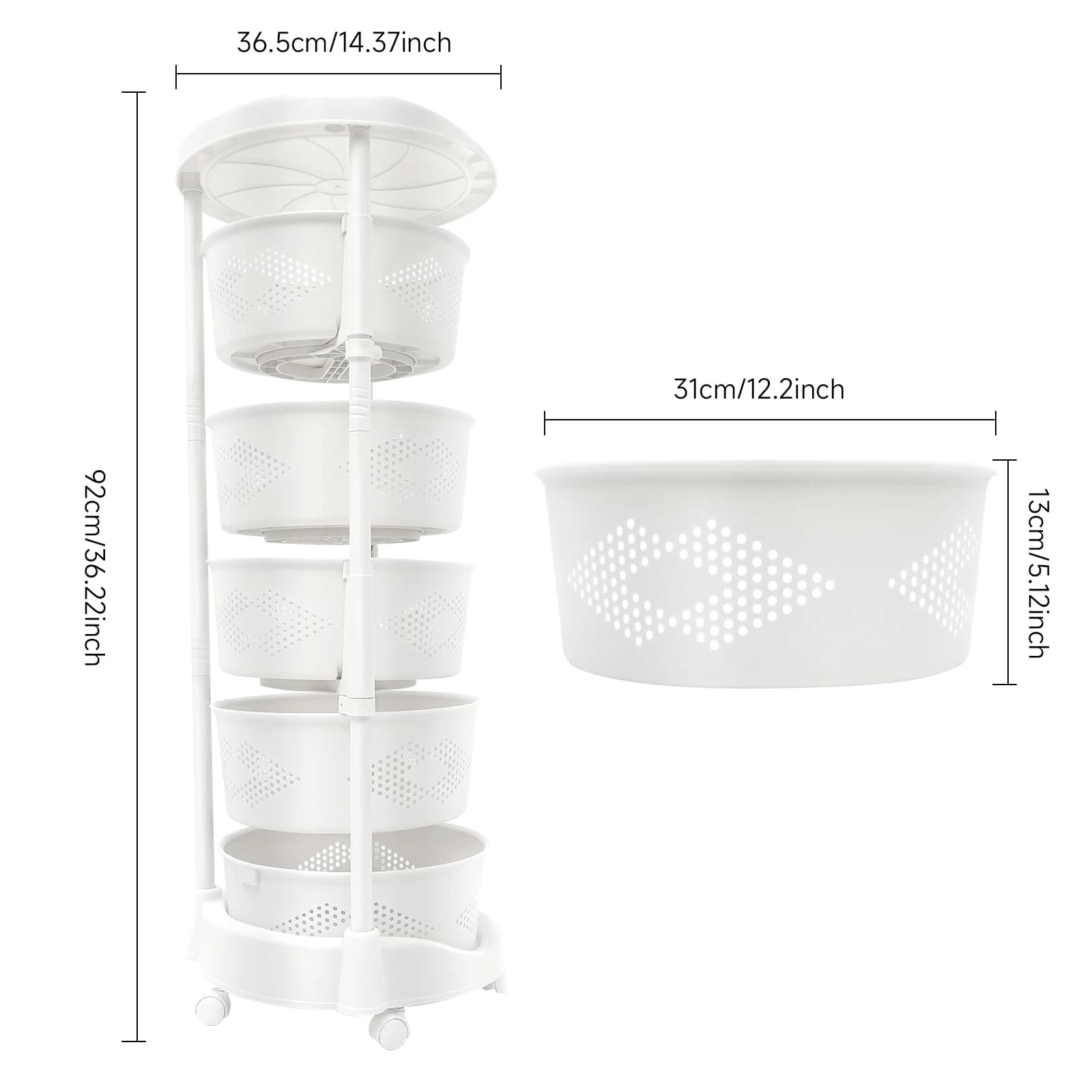 Mir de Rangement de Cuisine Multifonctionnel à 5 Niveaux, Blanc, Rotatif, à Roulettes, pour Légumes 